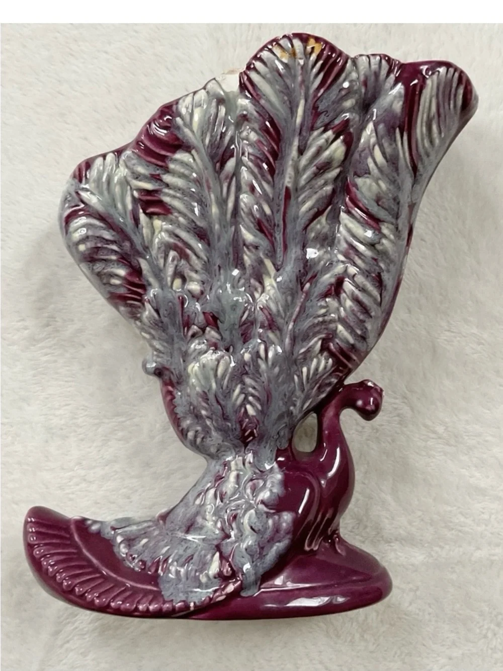 Royal Haeger Peacock Fan Vase Burgundy Drip Glaze MCM Pottery USA As Is